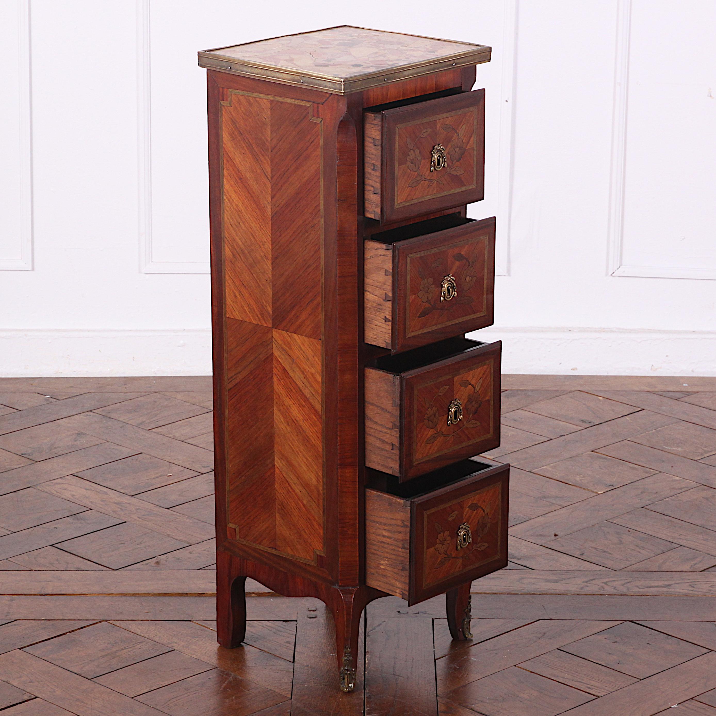 French Small Inlaid Marble Topped Chest of Drawers