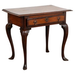 Antique Small Inlaid Oak Side Table With Cabriolet Legs & Single Drawer, Denmark 1750-70