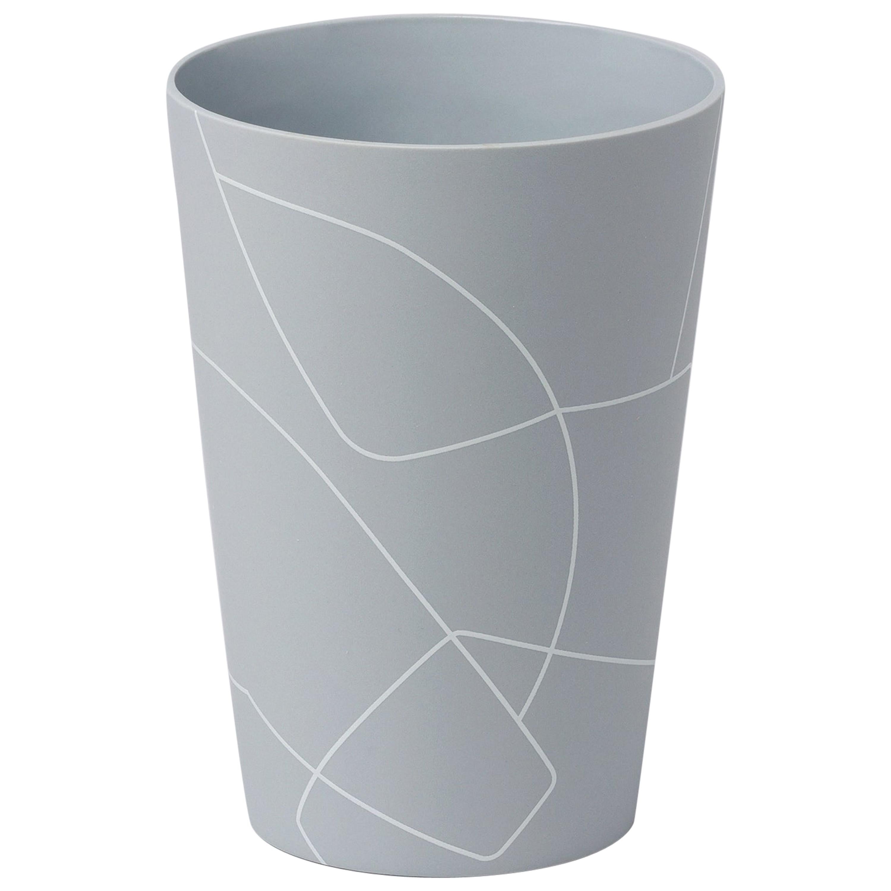 Small Matte Medium Grey Inverted Conical Ceramic Vase with Graphic Line Pattern For Sale