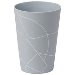 Small Matte Medium Grey Inverted Conical Ceramic Vase with Graphic Line Pattern