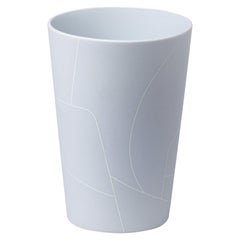 Small Matte Light Grey Inverted Conical Ceramic Vase with Graphic Line Pattern