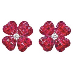 Small Invisibly-Set Ruby Diamond Clover Earrings