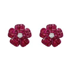 Small Invisibly-Set Ruby & Diamond Flower Earrings