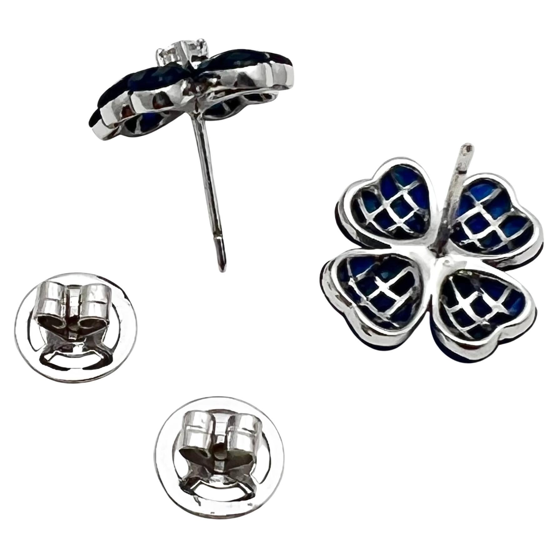 Mixed Cut Small Invisibly-Set Sapphire Diamond Clover Earrings For Sale