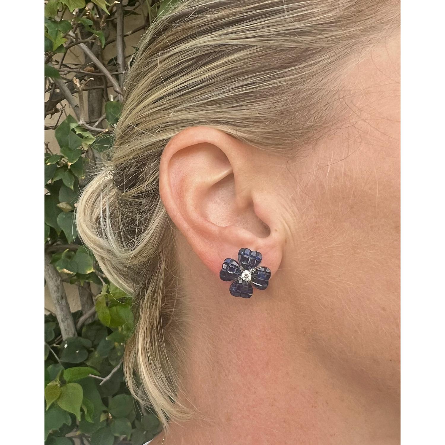 Small Invisibly-Set Sapphire Diamond Clover Earrings For Sale 1