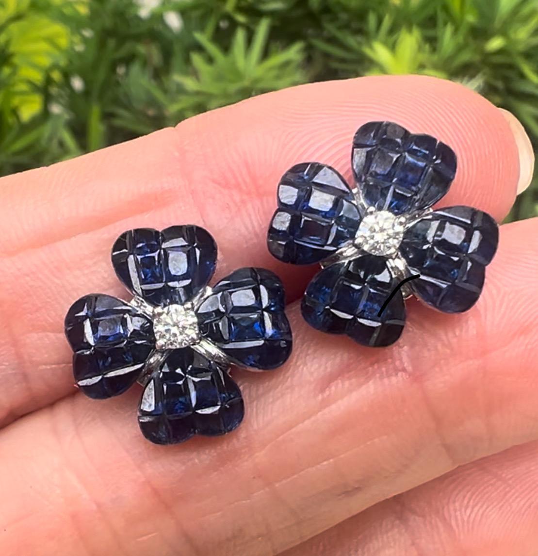 Small Invisibly-Set Sapphire Diamond Clover Earrings For Sale 2
