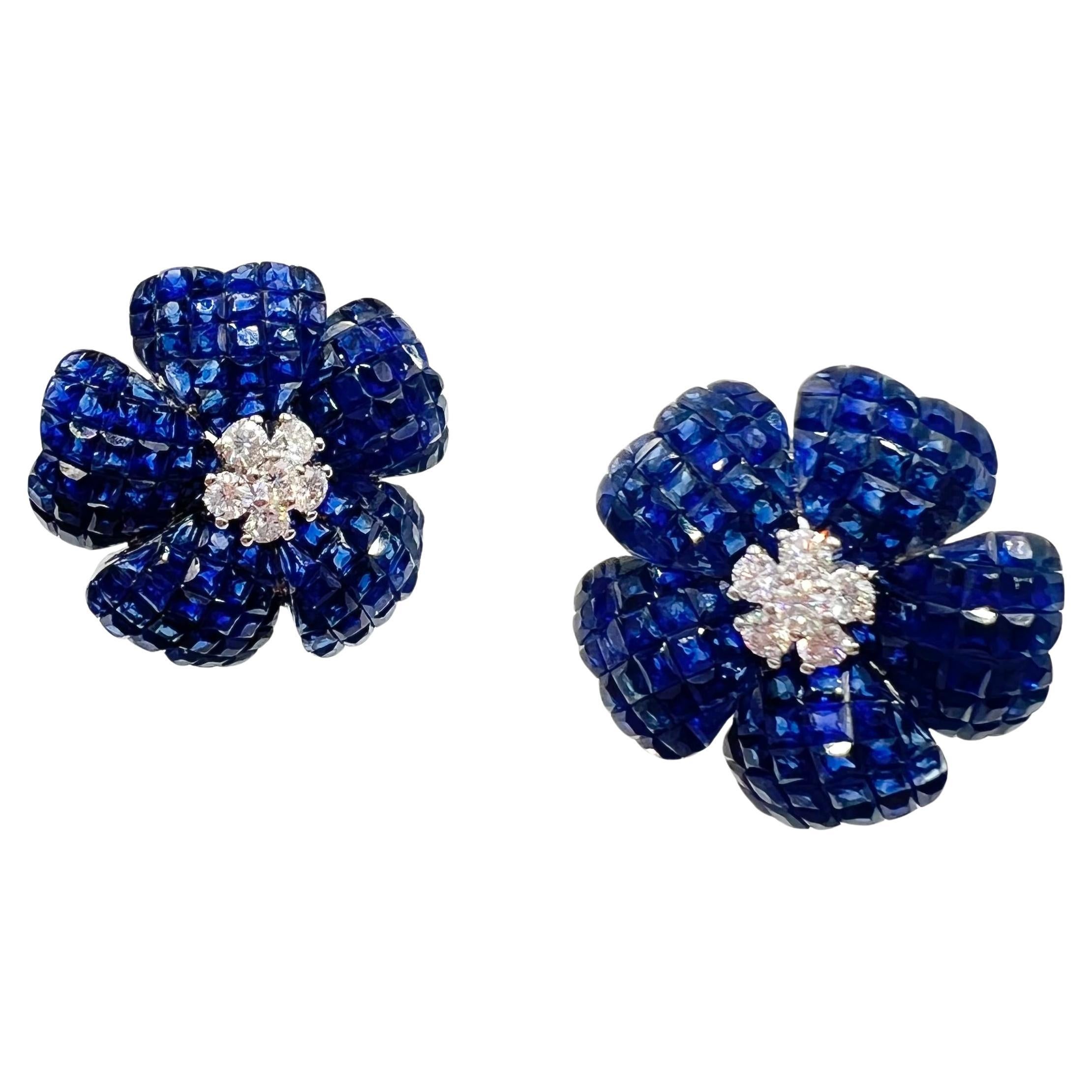 Mixed Cut Small Invisibly-Set Sapphire Diamond Flower Earrings For Sale