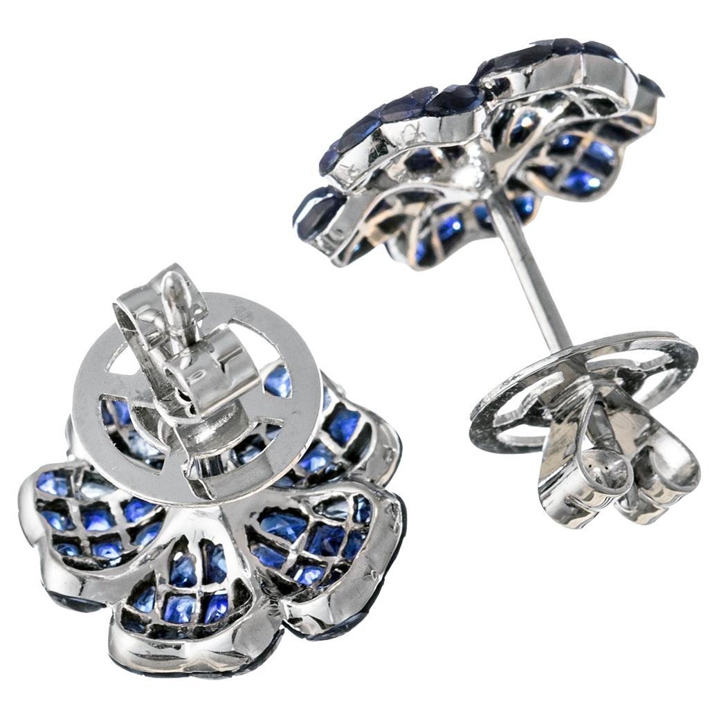 Women's or Men's Small Invisibly-Set Sapphire Diamond Flower Earrings For Sale