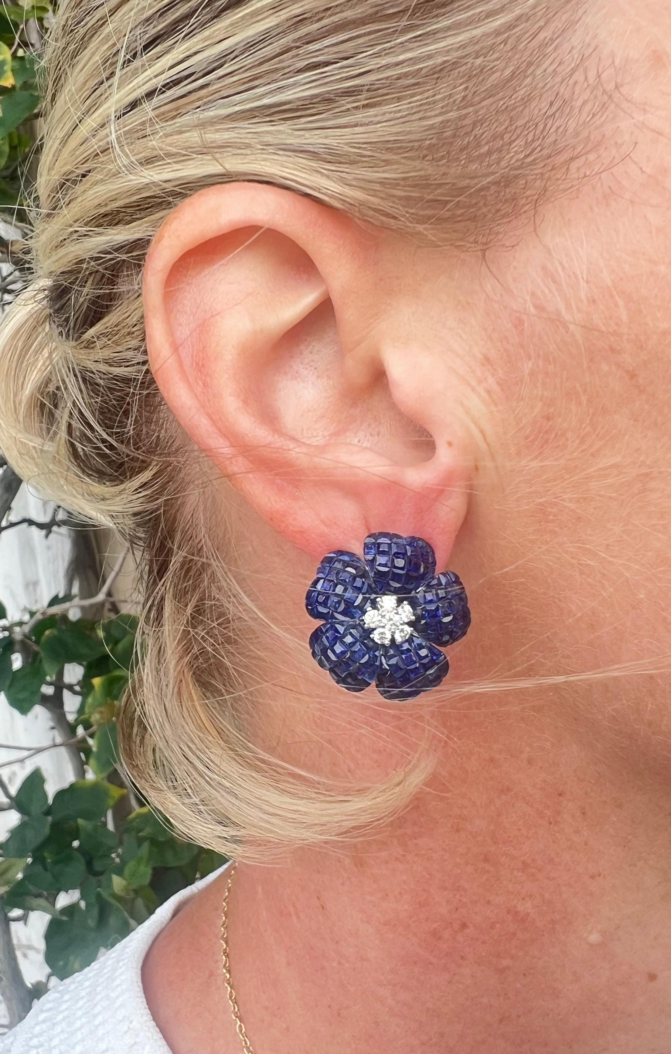 Small Invisibly-Set Sapphire Diamond Flower Earrings For Sale 1