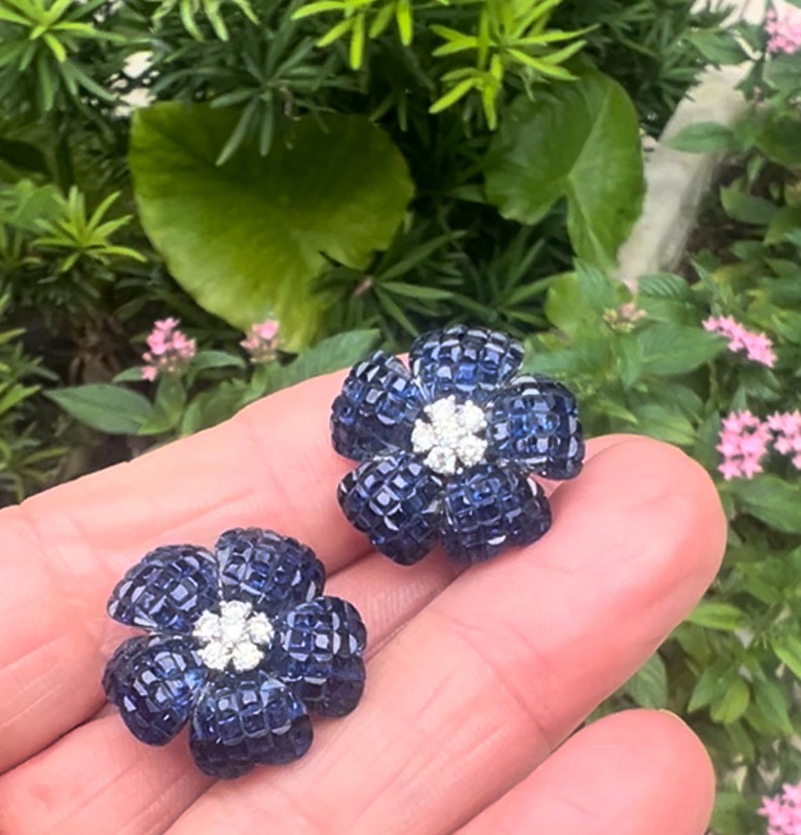 Small Invisibly-Set Sapphire Diamond Flower Earrings For Sale 2