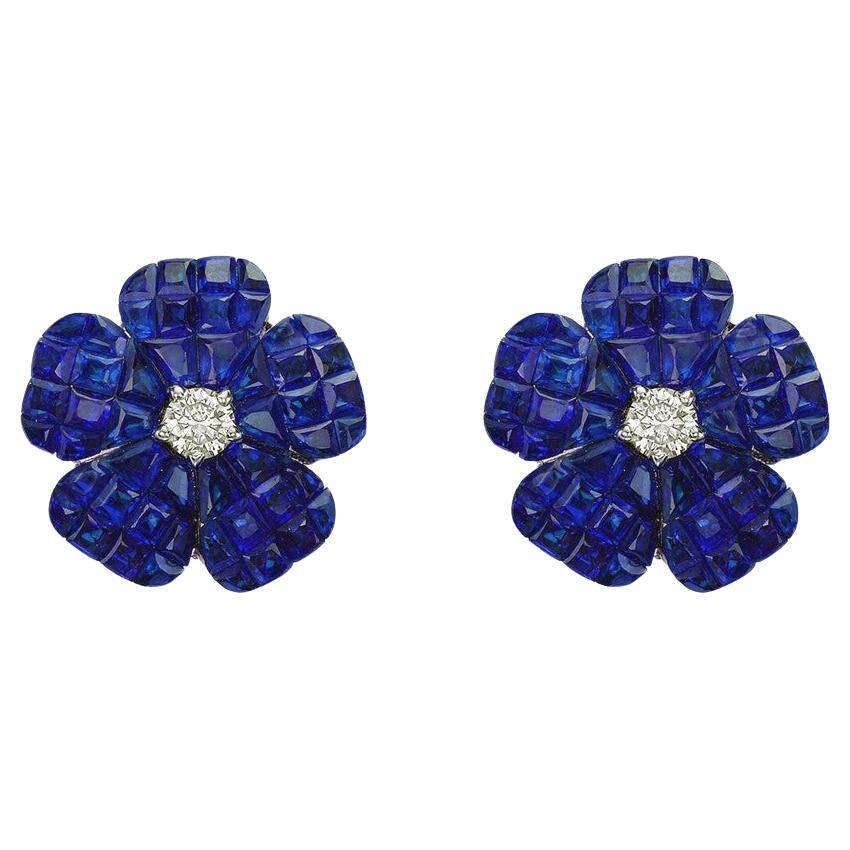 Small Invisibly-Set Sapphire Diamond Flower Earrings
