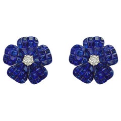 Small Invisibly-Set Sapphire Diamond Flower Earrings