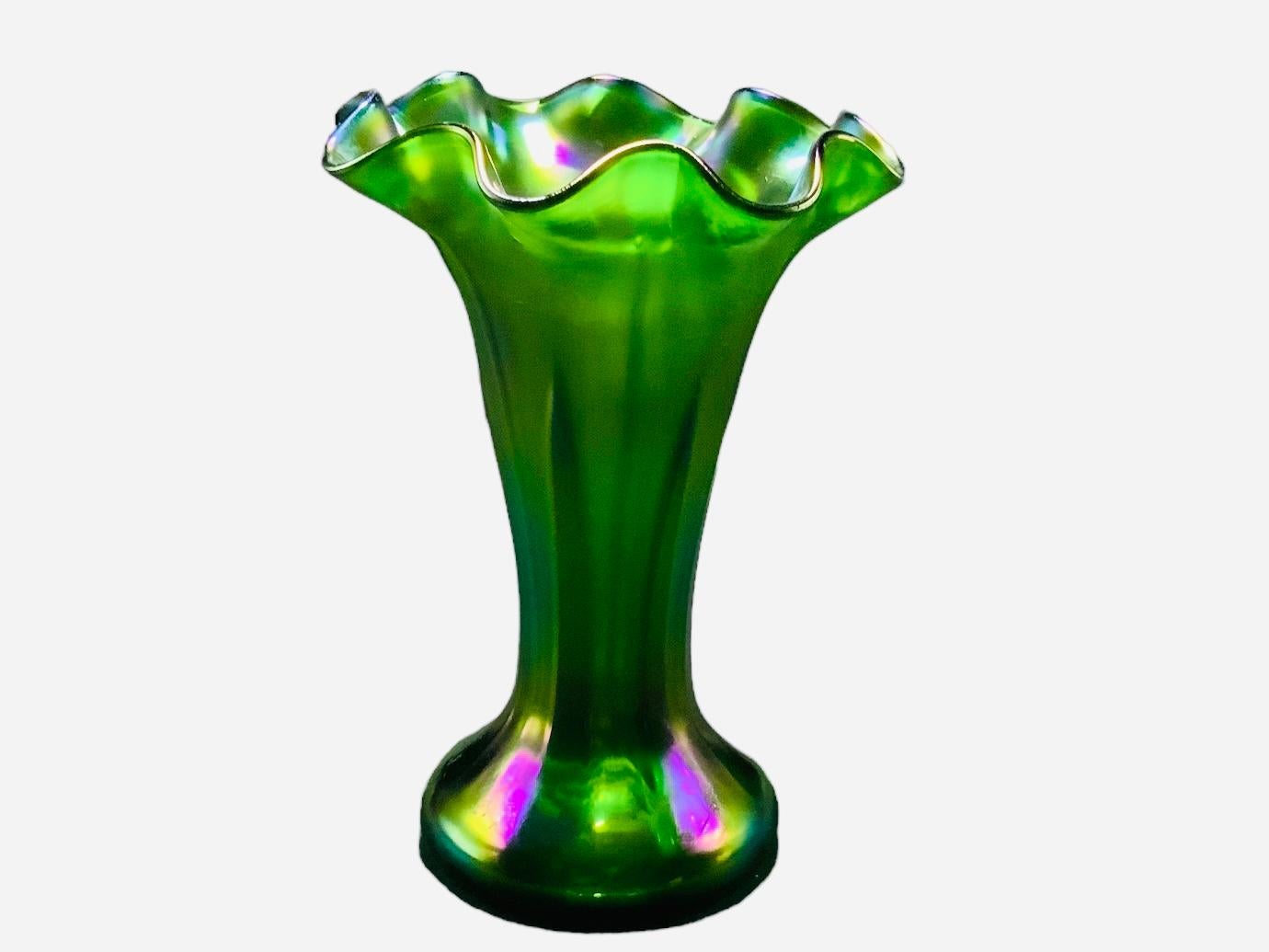 Hand-Crafted Small Iridescent Art Glass Flower Vase For Sale