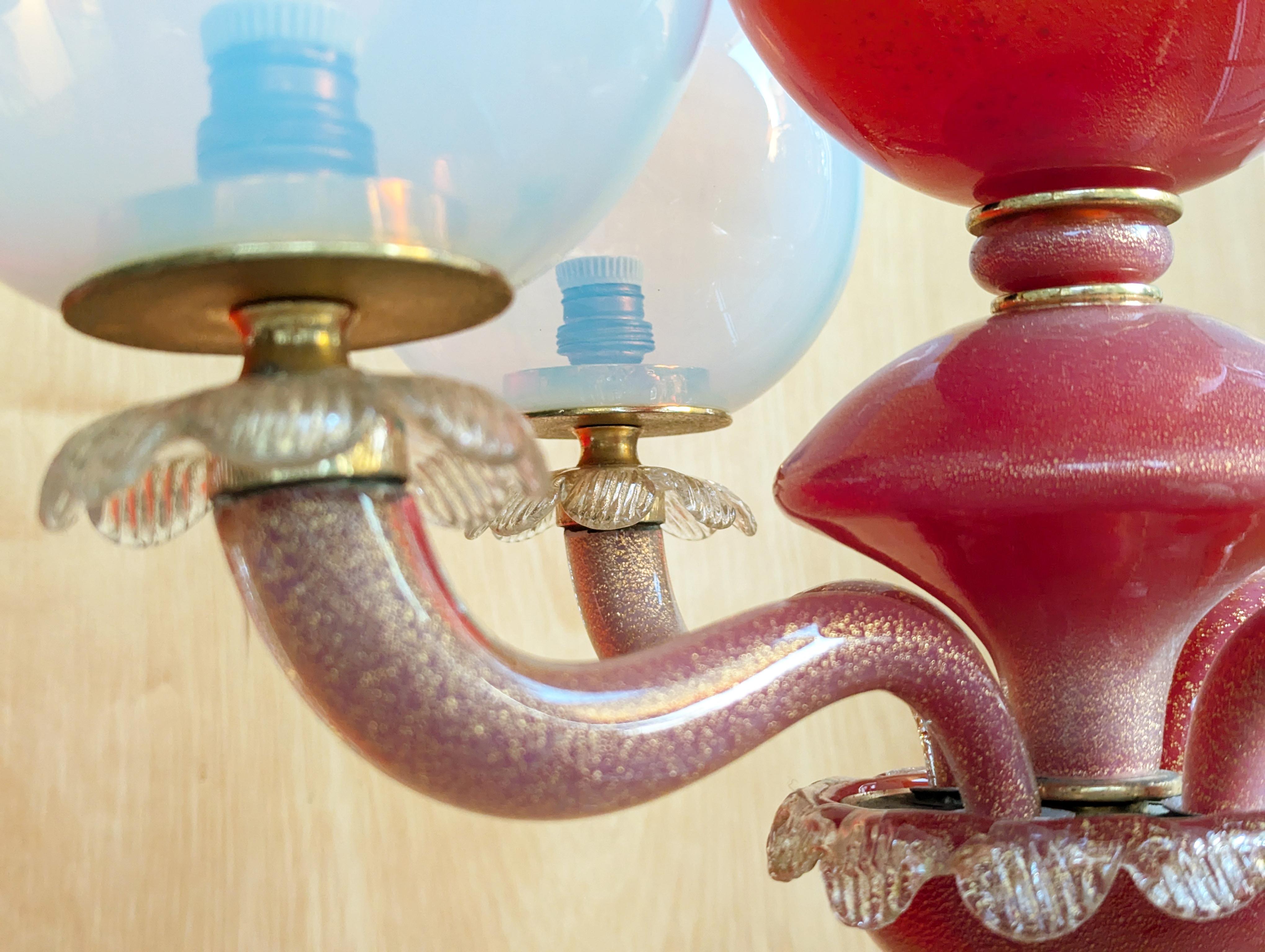 Piccolo lampadario a 4 luci in vetro di Murano iridescente e cremisi di Seguso, anni 1940-50 in vendita 9