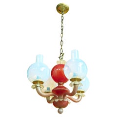 Vintage Small Iridescent & Crimson Murano Glass 4-light Chandelier by Seguso, 1940-50s