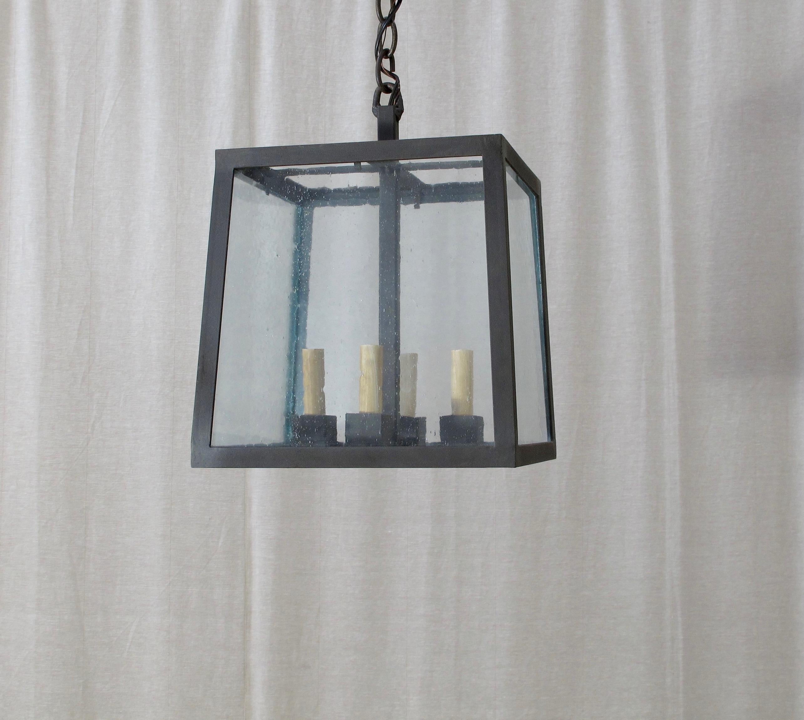 American Small Iron Square Pendant with Seeded Glass For Sale