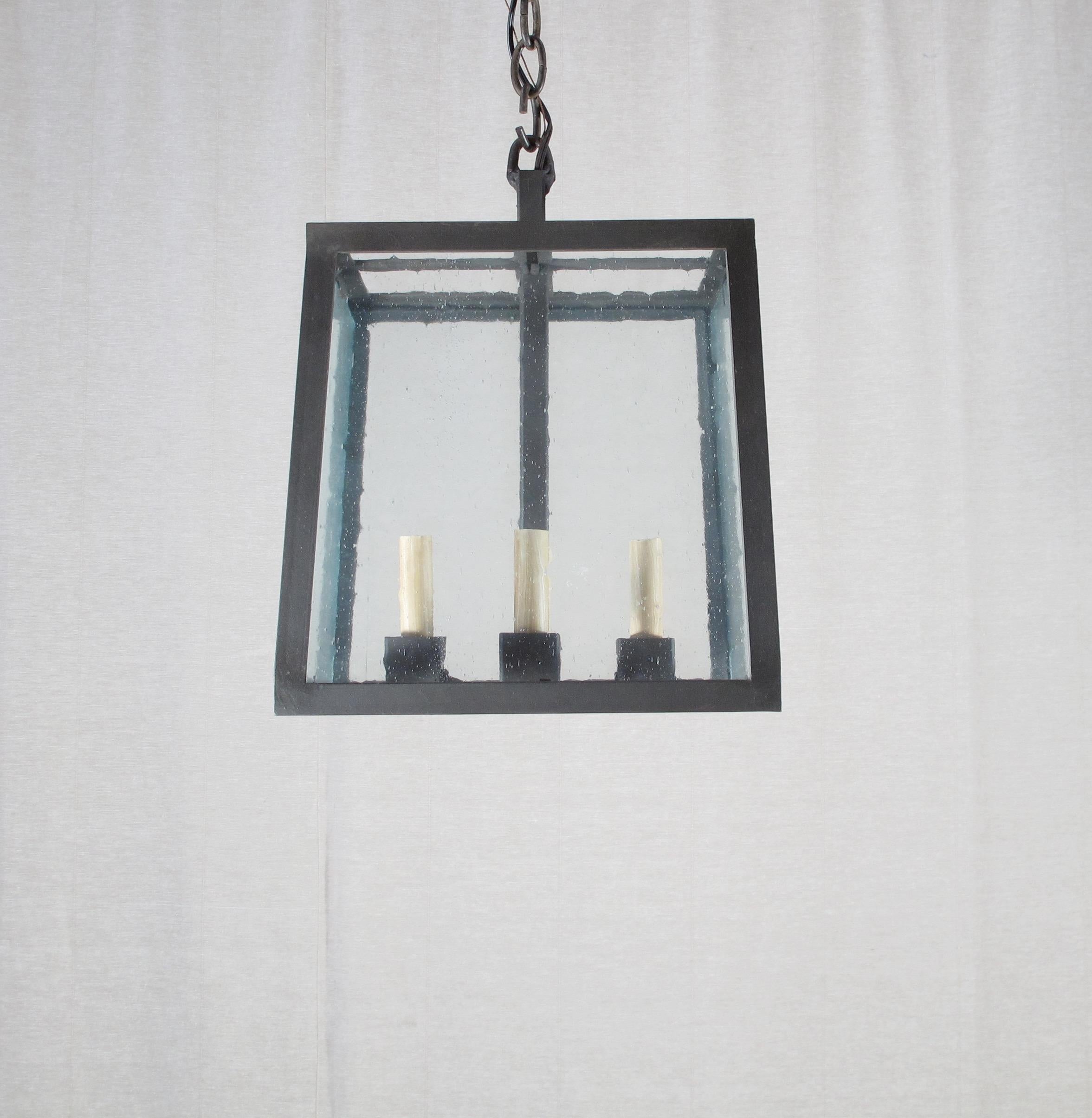 Small Iron Square Pendant with Seeded Glass In New Condition For Sale In Encinitas, CA