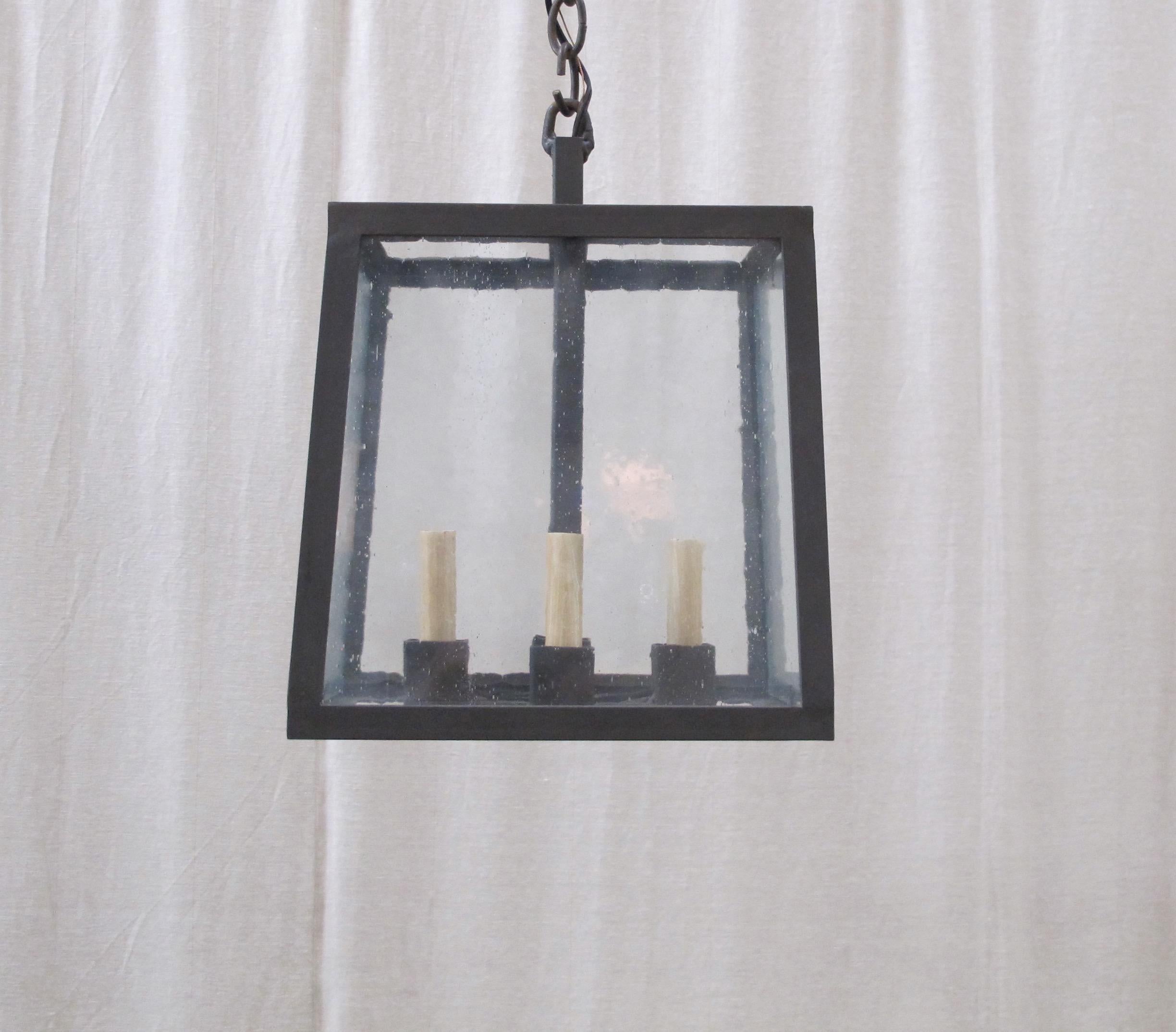 Contemporary Small Iron Square Pendant with Seeded Glass For Sale