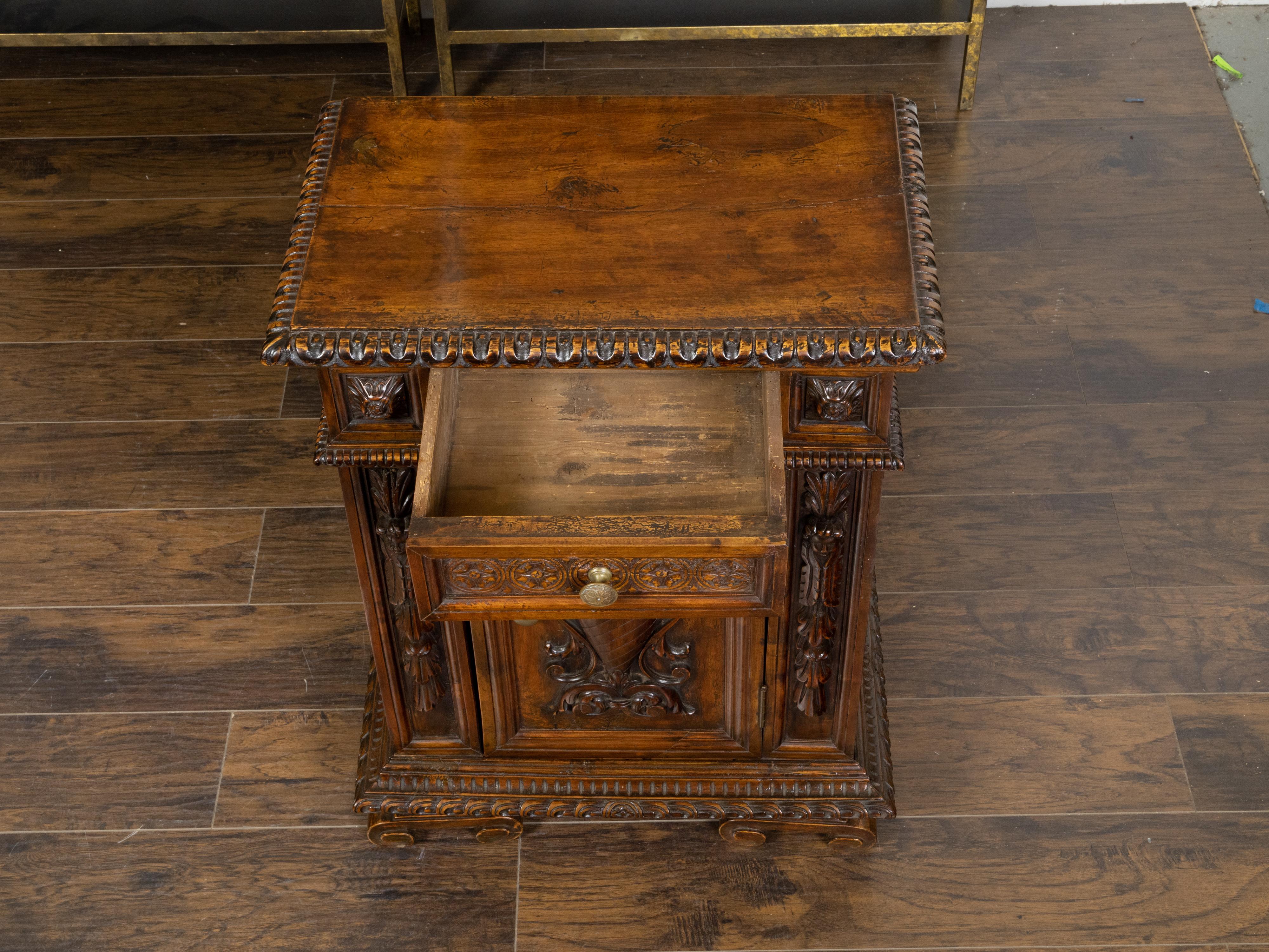 Small Italian 1800s Walnut Cabinet with Carved Urn, Foliage and Mascaron Décor In Good Condition For Sale In Atlanta, GA