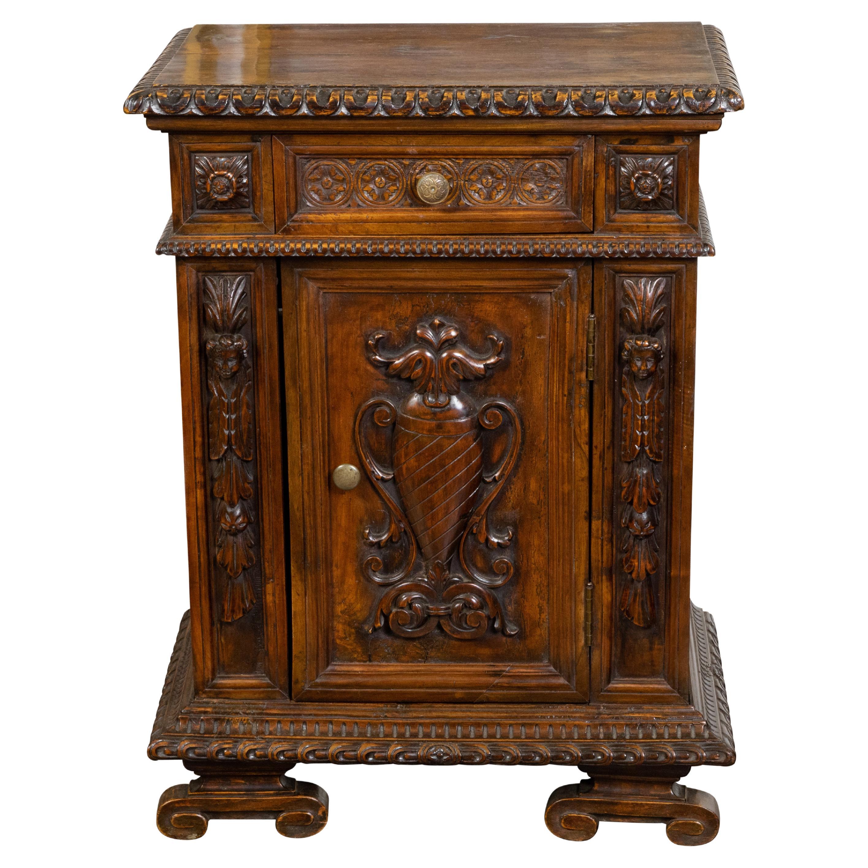 Small Italian 1800s Walnut Cabinet with Carved Urn, Foliage and Mascaron Décor For Sale