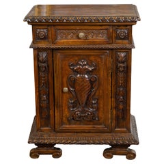 Antique Small Italian 1800s Walnut Cabinet with Carved Urn, Foliage and Mascaron Décor