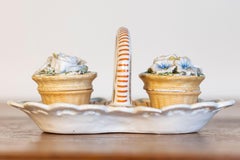 Small Italian 1860s Painted Ceramic Floral Desk Set with Ink and Sand Containers