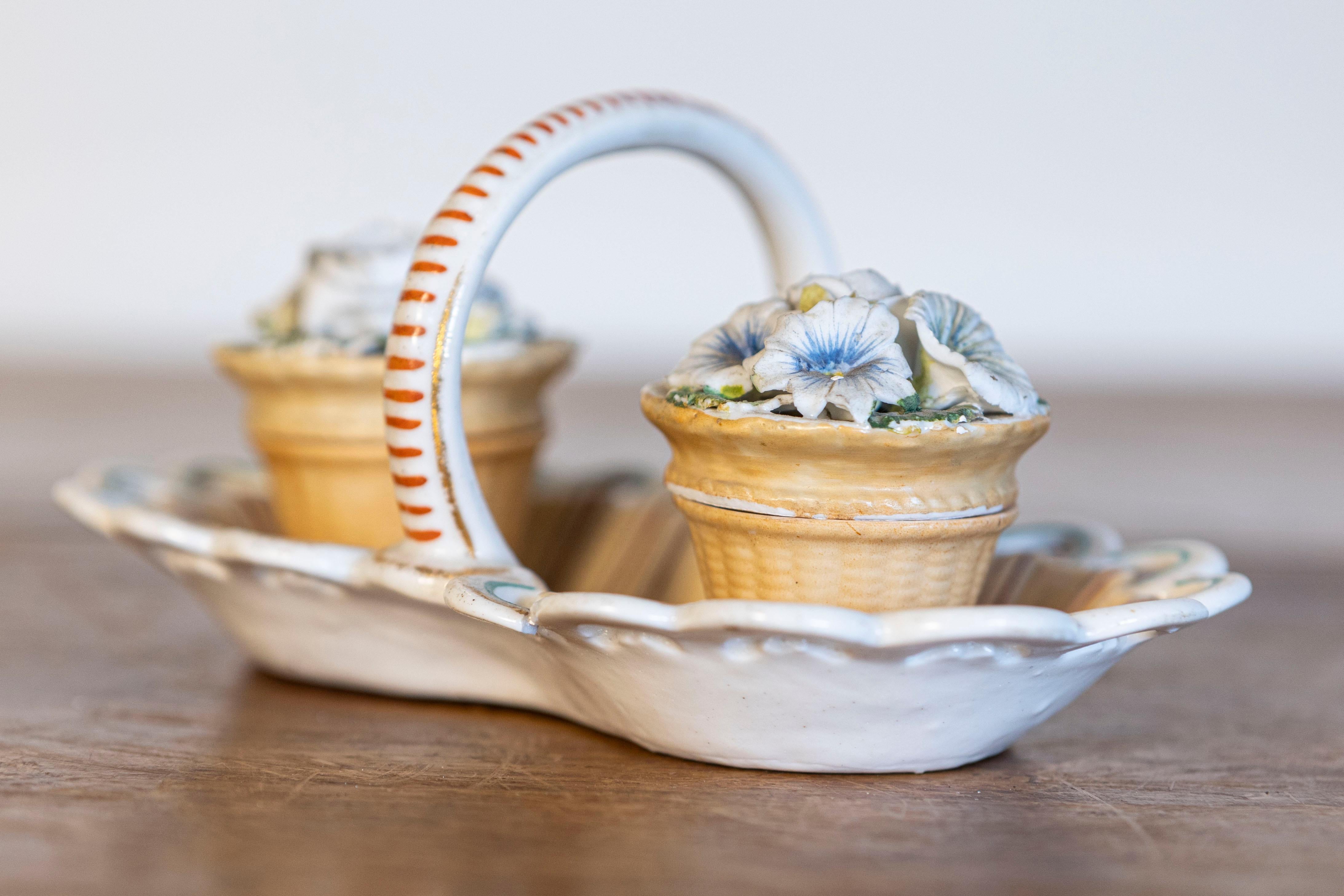 Small Italian 1860s Painted Ceramic Floral Desk Set with Ink and Sand Containers In Good Condition For Sale In Atlanta, GA