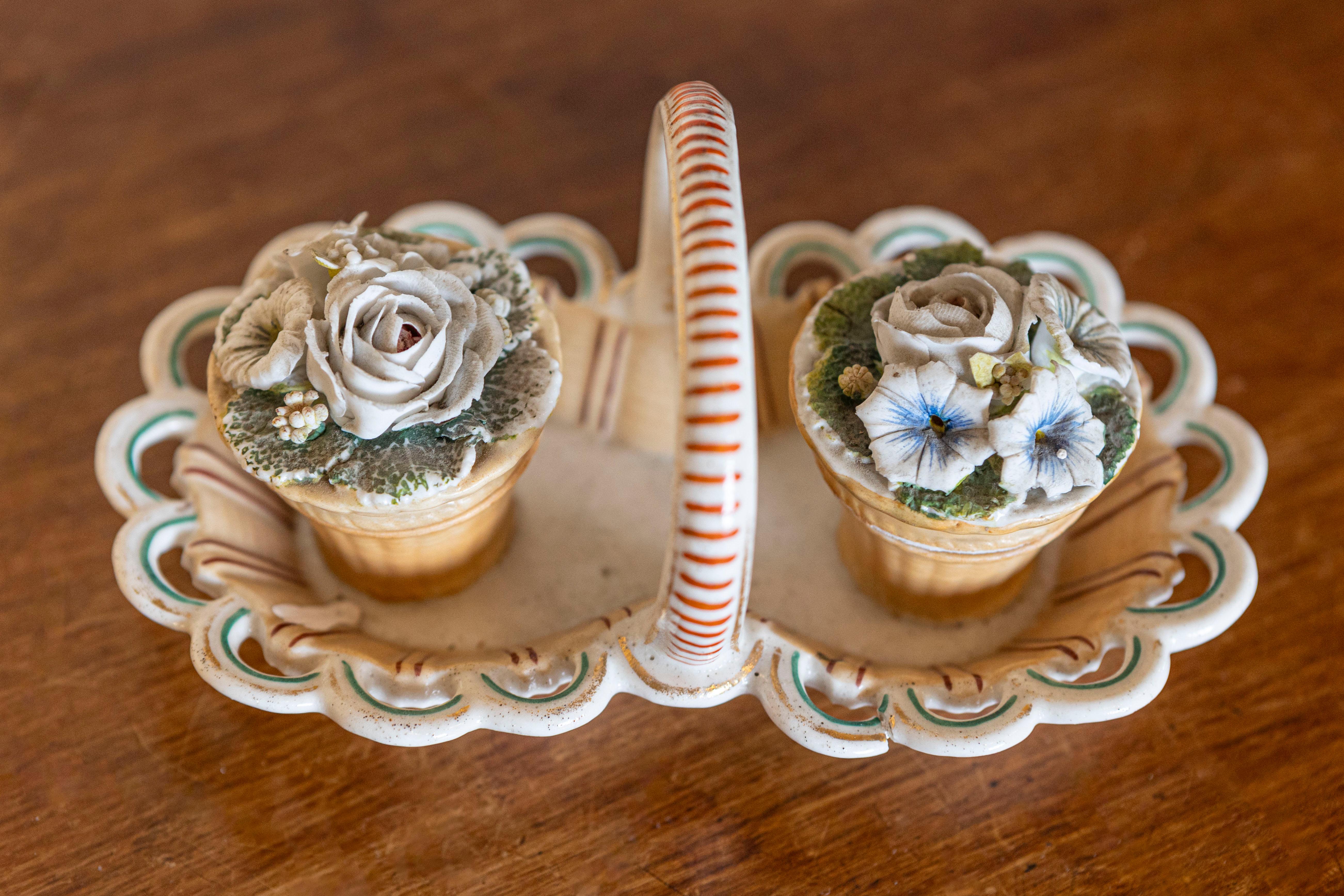 19th Century Small Italian 1860s Painted Ceramic Floral Desk Set with Ink and Sand Containers For Sale