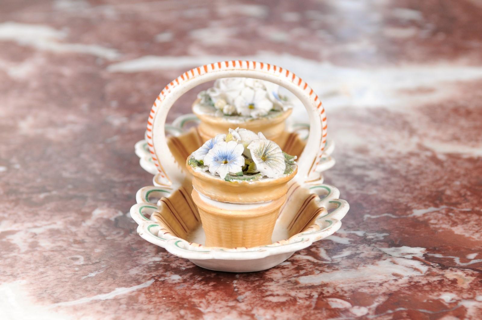 Small Italian 1860s Painted Ceramic Floral Desk Set with Ink and Sand Containers For Sale 2