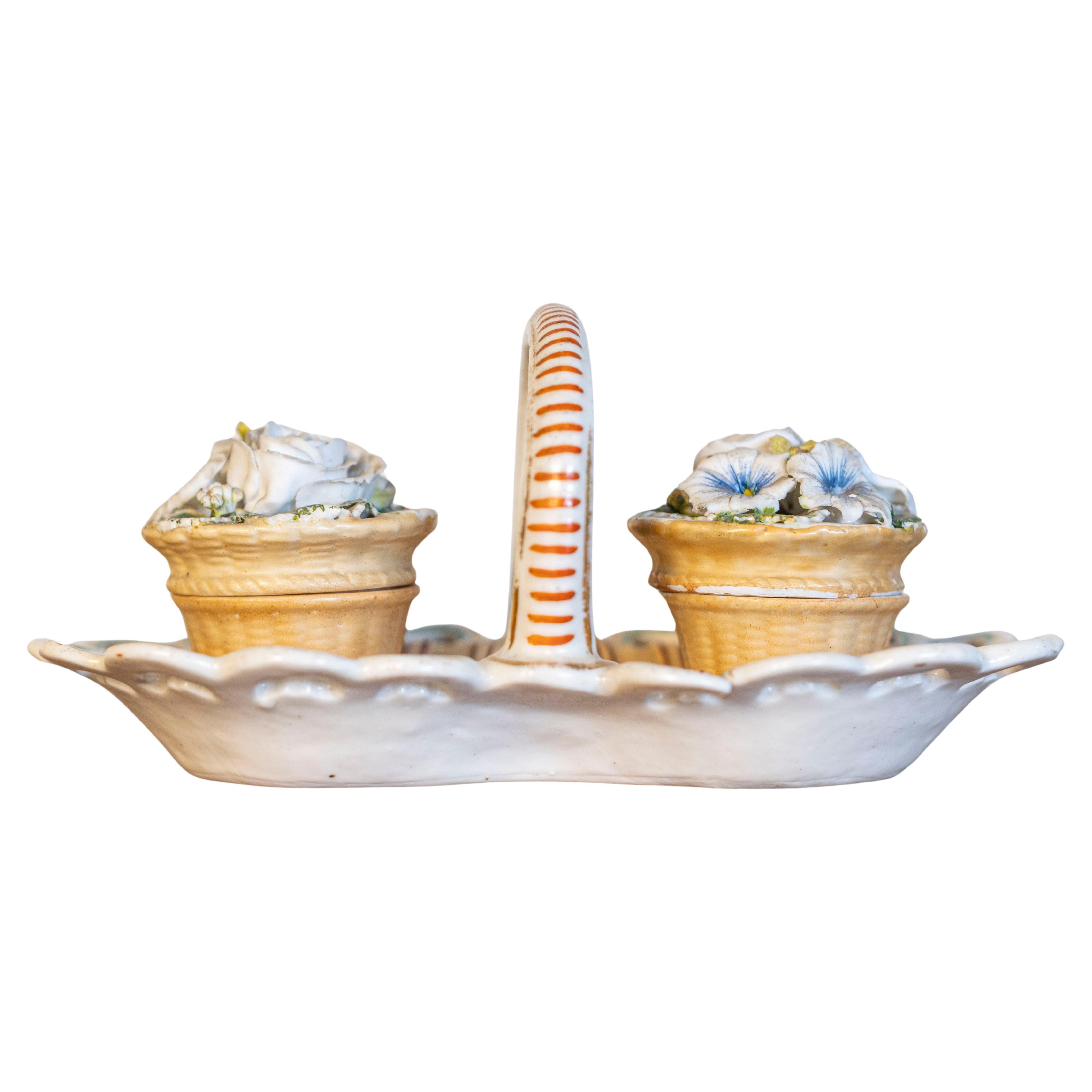 Small Italian 1860s Painted Ceramic Floral Desk Set with Ink and Sand Containers For Sale