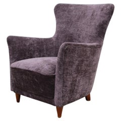 Small Italian Armchair 1950s Midcentury Black Velvet Wooden Feet Geometric Shape