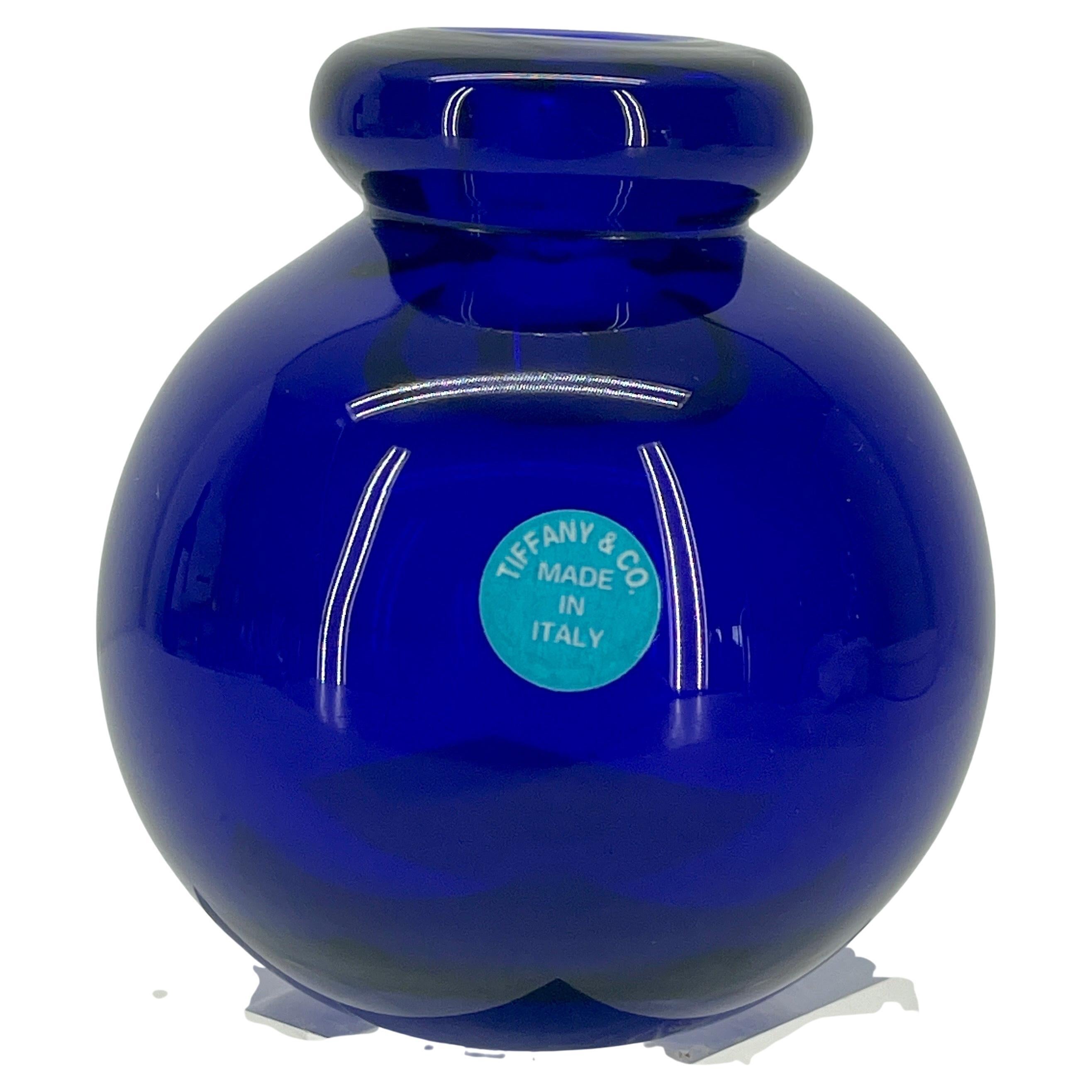 Small vintage Cobalt blue vase by Archimede Seguso of Murano for Tiffany, Italy, label still attached.
