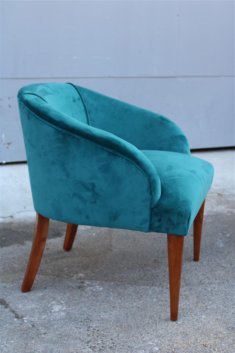 Small Italian Cockpit Armchairs Green Velvet Mid-Century Cherry Feet 1950s In Good Condition In Palermo, Sicily