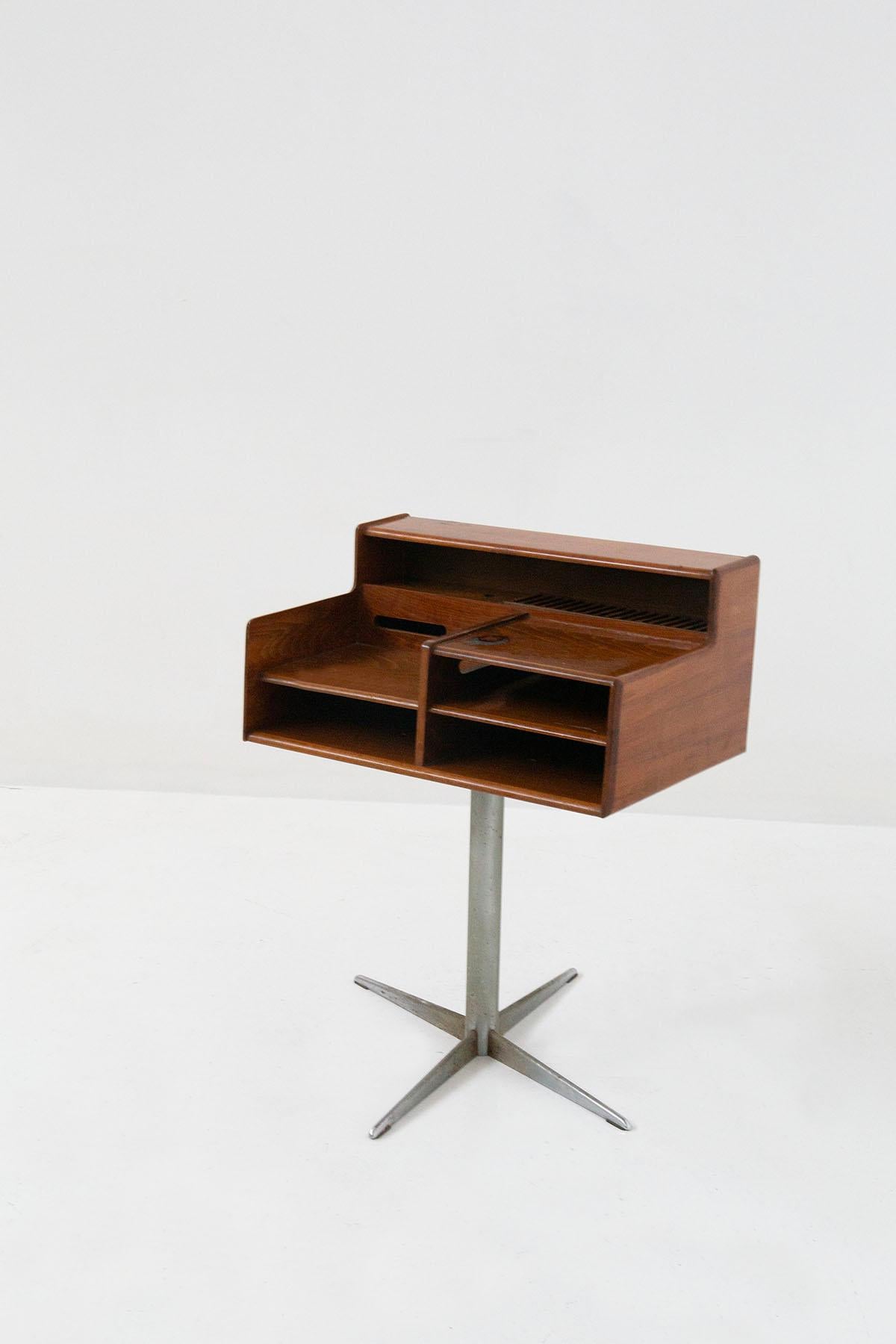 Small Italian desk made by Fimsa Roma in wood and metal from the 1950s early 1960s. The small desk has several compartments to insert small objects as well. The desk is made of wood as a structure and has three document shelves, and towards the