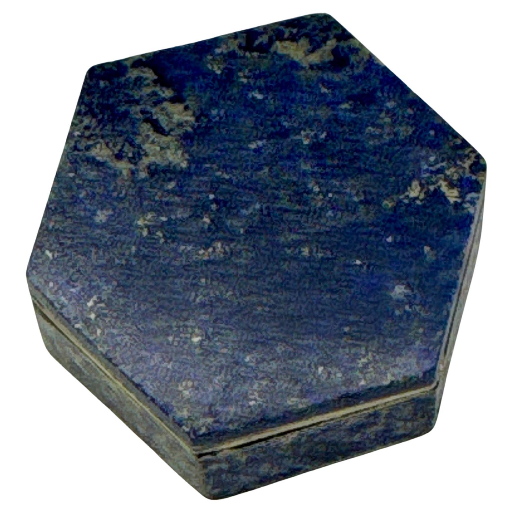 Mid-Century Modern Small Italian Hexagon Blue Lapis Lazuli Pill Trinket Box 