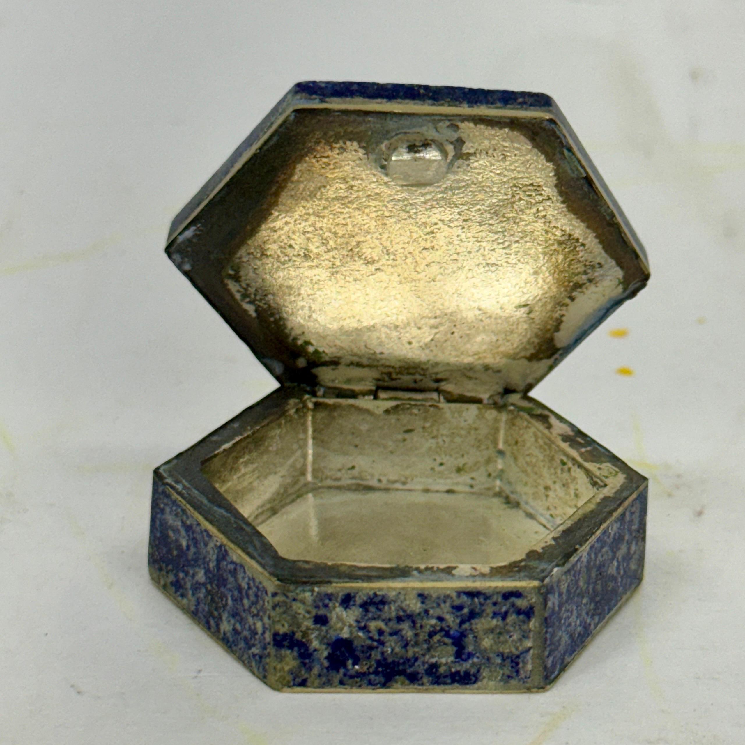 Hand-Crafted Small Italian Hexagon Blue Lapis Lazuli Pill Trinket Box 