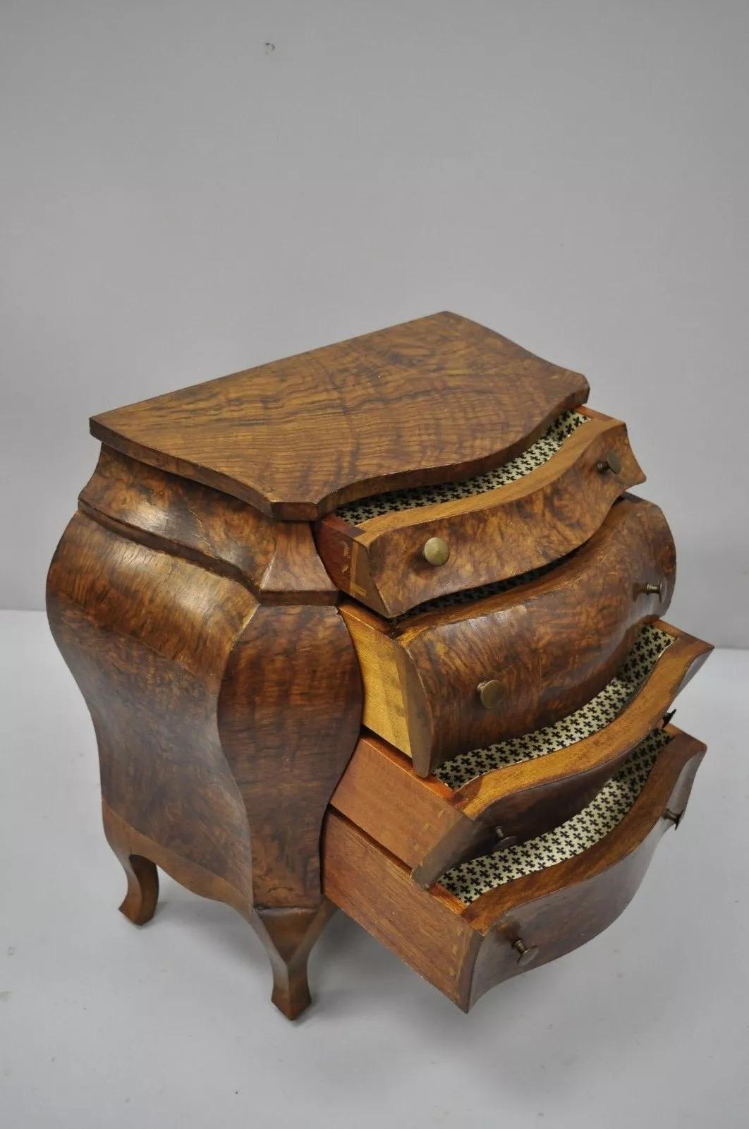Small Italian Jewelry Chest Burl Olive Wood French Louis XV Style Bombe Commode For Sale 5