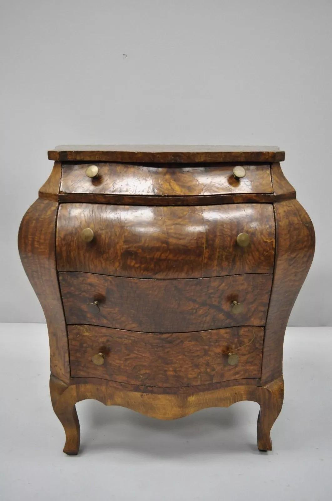 Small Italian Jewelry Chest, Burl Olive Wood French Louis XV Style Bombe Commode. Item features shapely bombe form, 