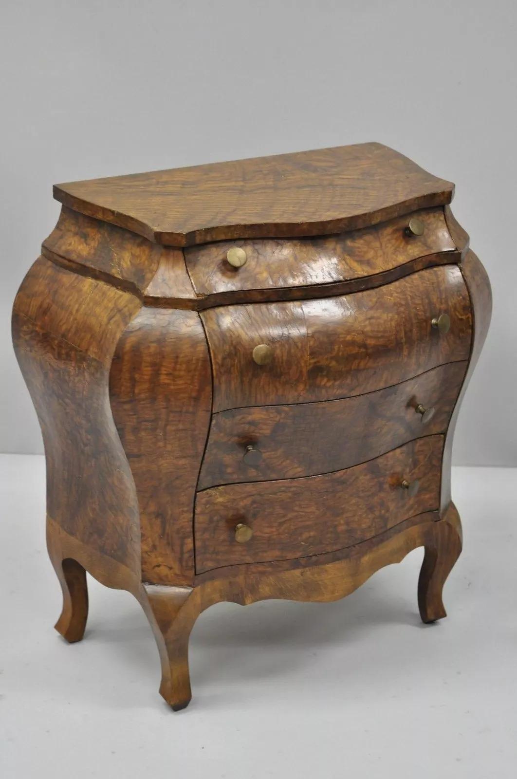 Unknown Small Italian Jewelry Chest Burl Olive Wood French Louis XV Style Bombe Commode For Sale