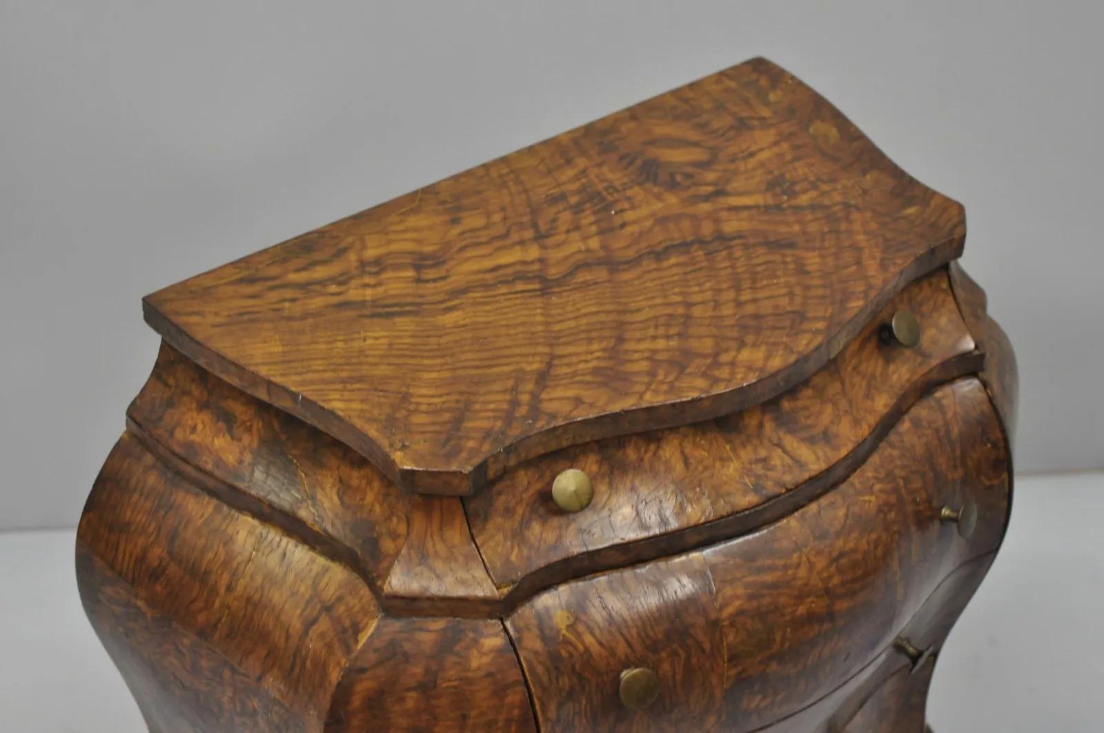 Small Italian Jewelry Chest Burl Olive Wood French Louis XV Style Bombe Commode In Good Condition For Sale In Philadelphia, PA