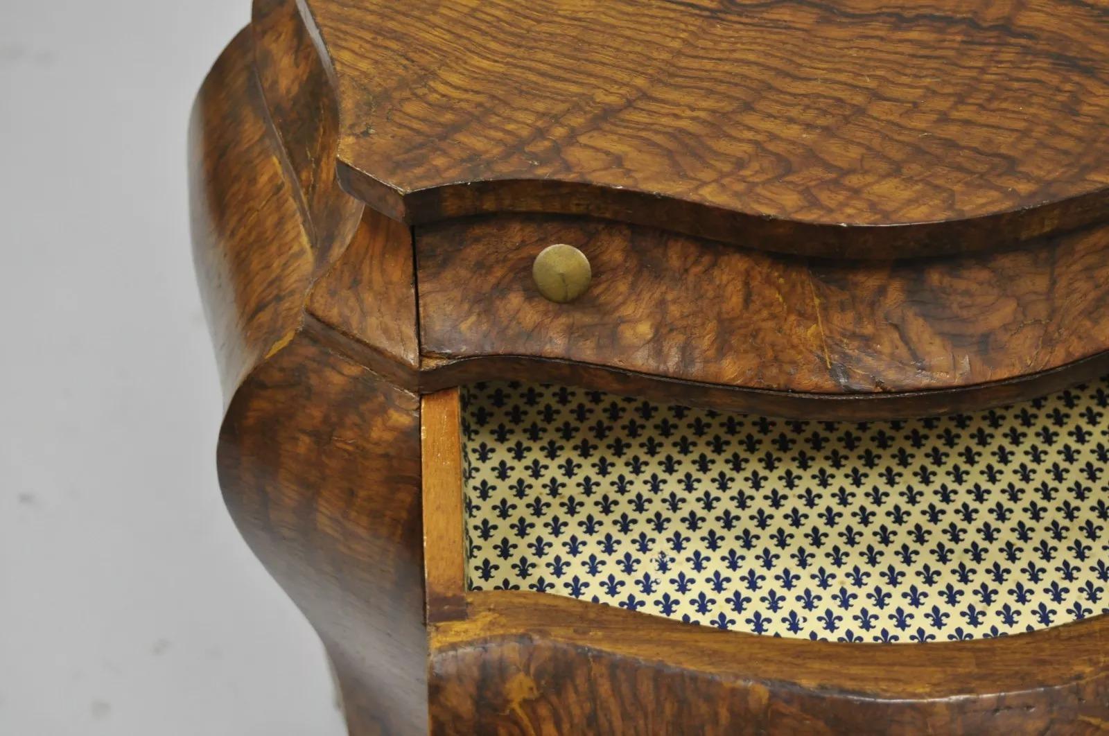 Small Italian Jewelry Chest Burl Olive Wood French Louis XV Style Bombe Commode For Sale 4