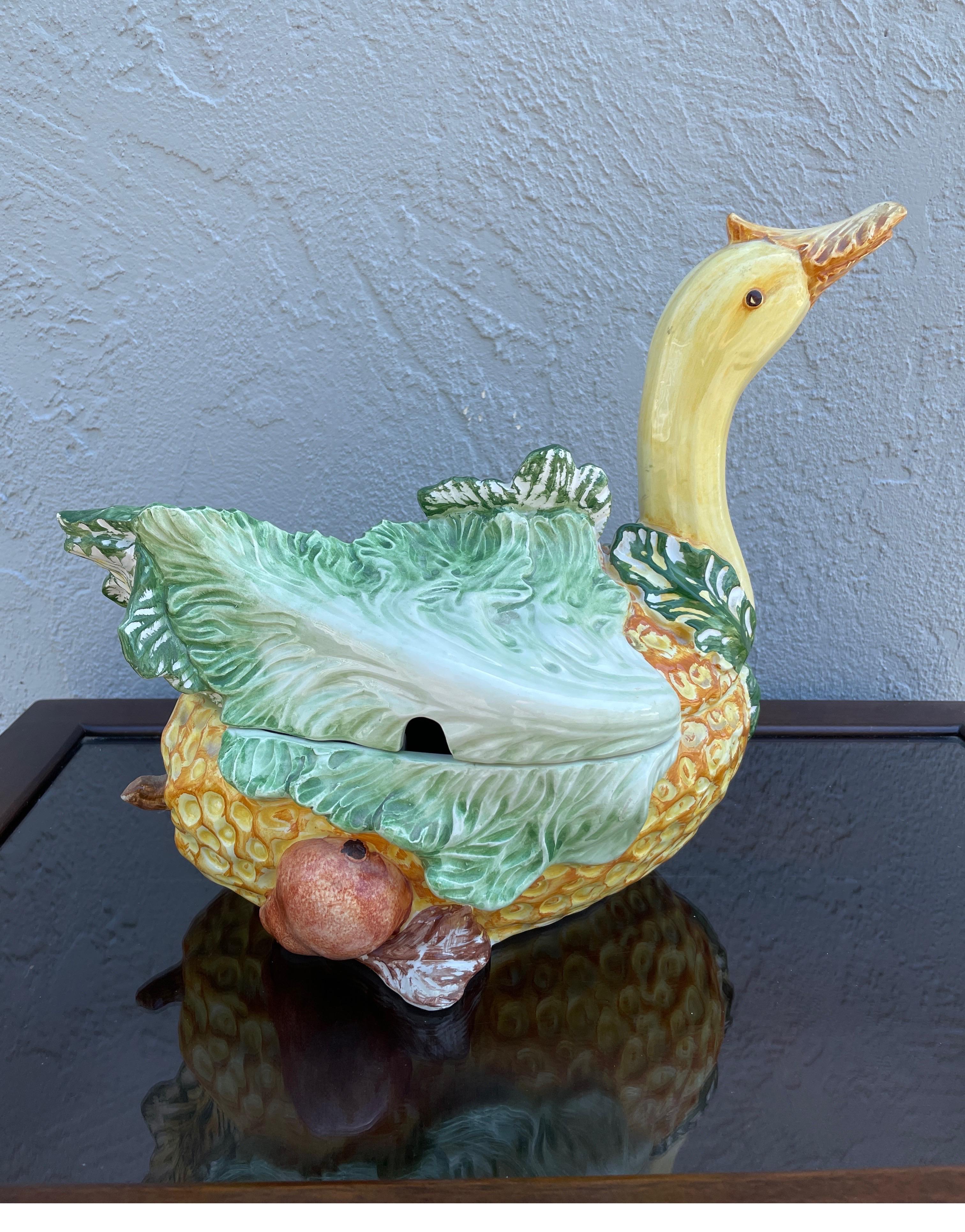 Small Italian Majolica Goose Tureen In Good Condition In West Palm Beach, FL