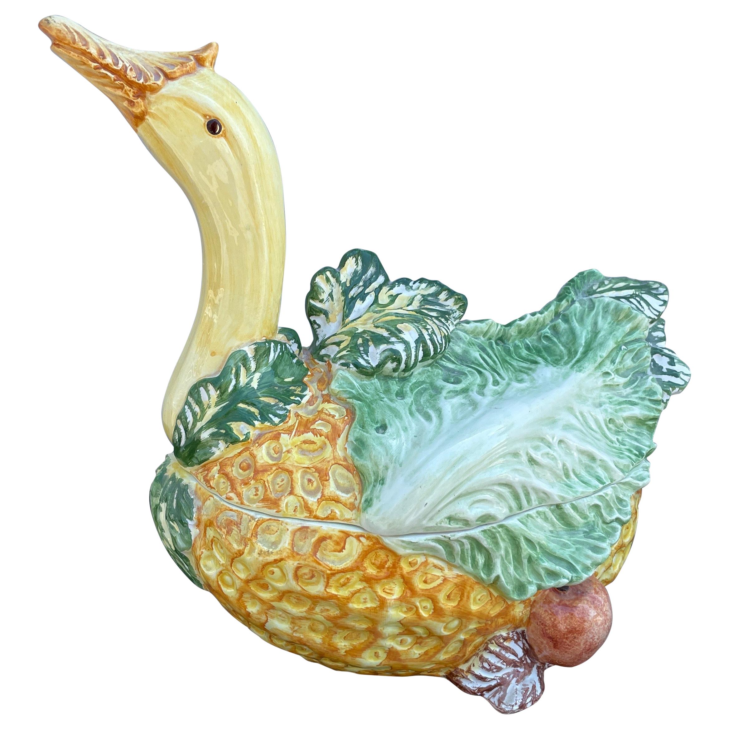 Small Italian Majolica Goose Tureen