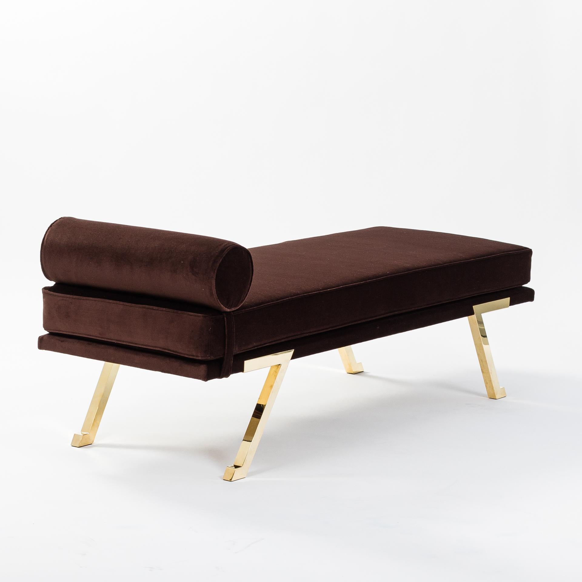Late 20th Century Italian Mid-Century Daybed / Bench Brass Legs, Chocolate Brown Velvet 1970s For Sale