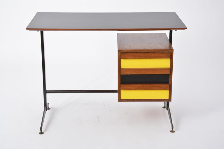 Small Italian Midcentury Desk With Black And Yellow Drawers At 1stdibs
