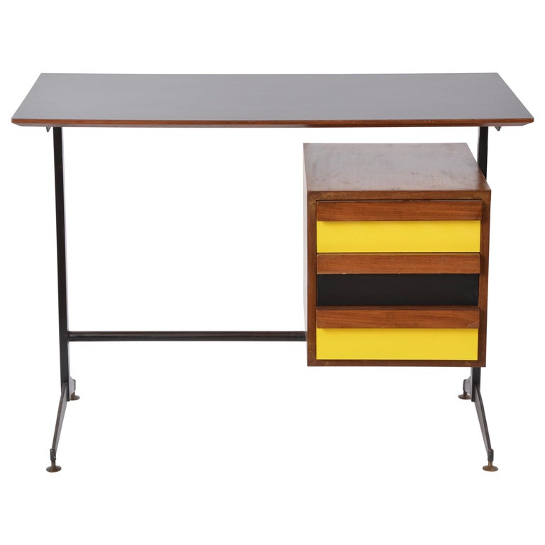 Small Italian Midcentury Desk With Black And Yellow Drawers At 1stdibs
