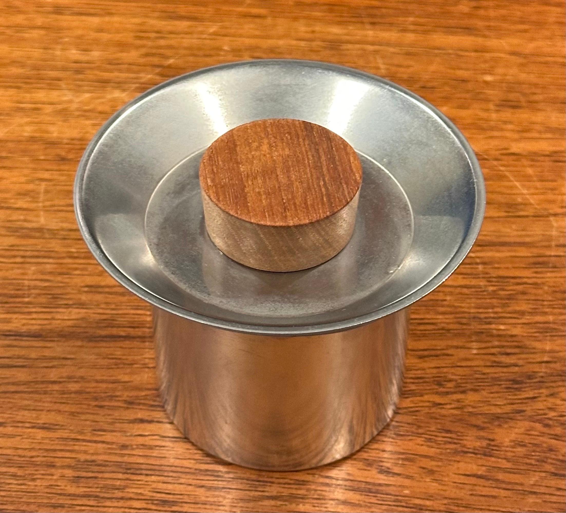 20th Century Small Italian Modernist Stainless Steel Trinket Box with Teak Knob For Sale