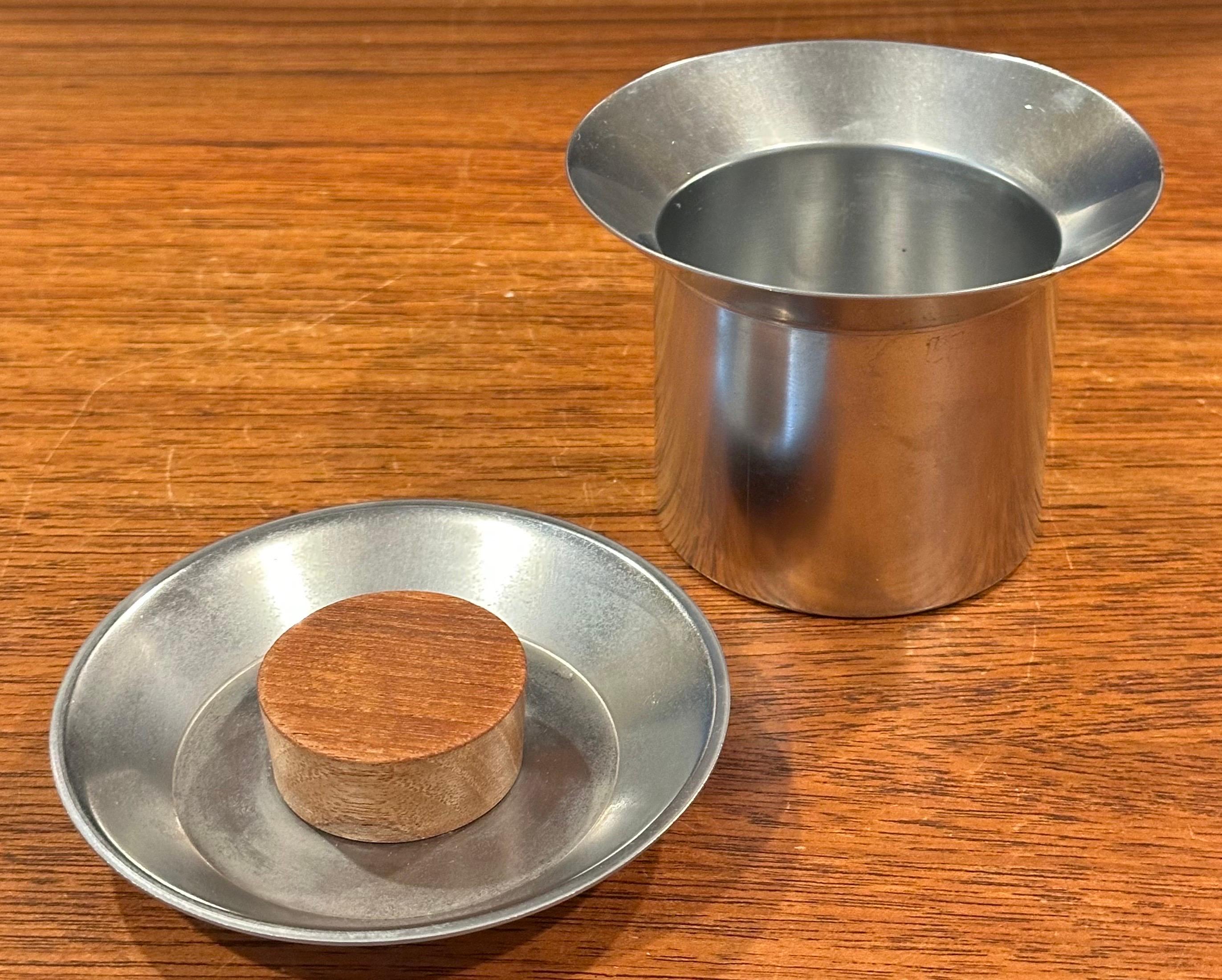 Small Italian Modernist Stainless Steel Trinket Box with Teak Knob For Sale 2