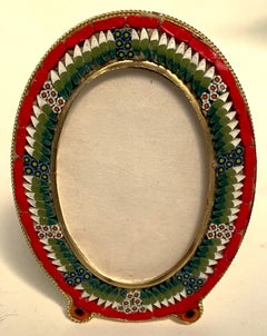 Small Italian Oval Micro Mosaic Red/Green/White Vanity Picture Frame Brass Glass