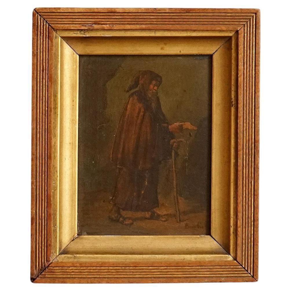 Small Italian Portrait of a Bearded Monk , 19th Century Antique Original Oil